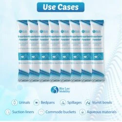 Bio Lec Mobility absorbent powder pouches with use cases listed.