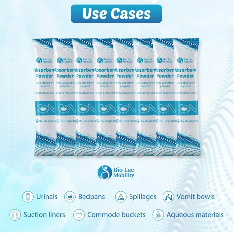 Bio Lec Mobility absorbent powder pouches with use cases listed.