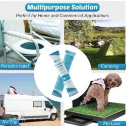 Absorbent powder pouches with images of portable toilet, camping, RV trip, and pet loos.