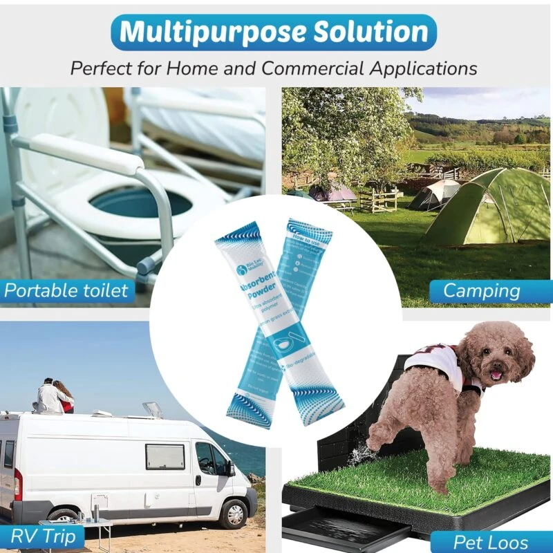 Absorbent powder pouches with images of portable toilet, camping, RV trip, and pet loos.