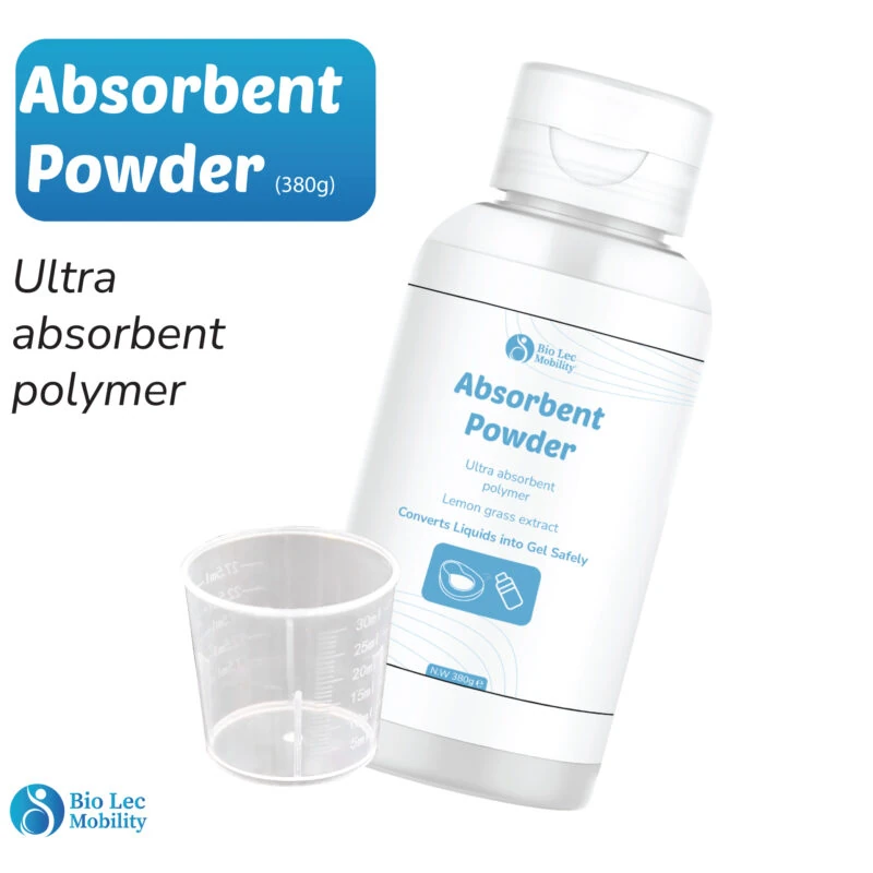Bio Lec Mobility Absorbent Powder bottle with measuring cup.