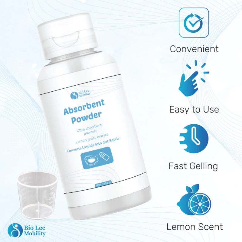 Bio-Lec Mobility Absorbent Powder bottle with features listed.