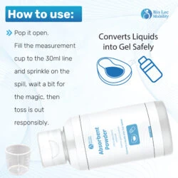Absorbent powder bottle with usage instructions and measurement cup.