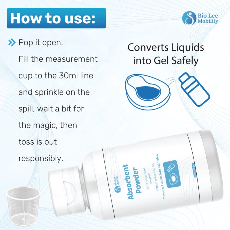 Absorbent powder bottle with usage instructions and measurement cup.