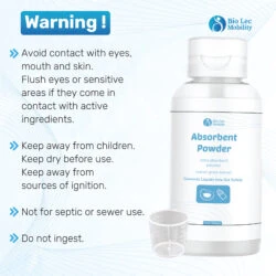 Bio-Lec Mobility Absorbent Powder bottle with warnings and instructions.