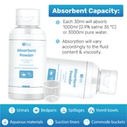 Bio-Lec Mobility Absorbent Powder bottle with absorption details and measuring cup.
