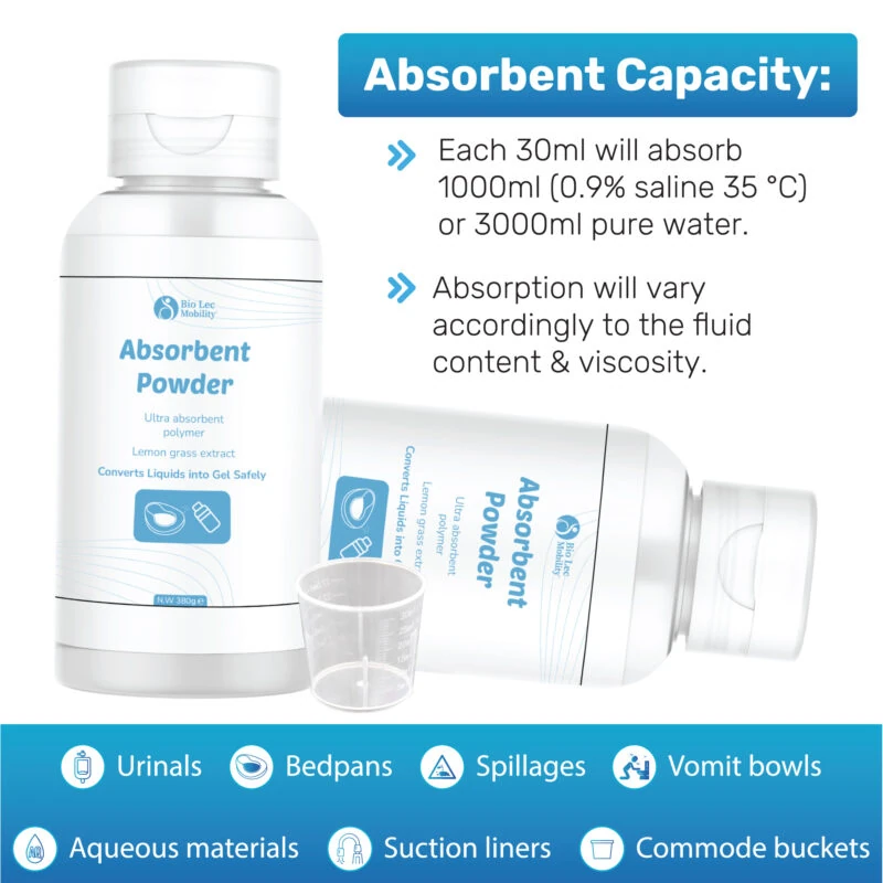 Bio-Lec Mobility Absorbent Powder bottle with absorption details and measuring cup.