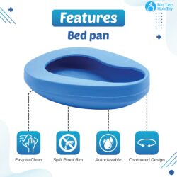 Blue bedpan with features labeled: easy to clean, spill proof rim, autoclavable, contoured design.