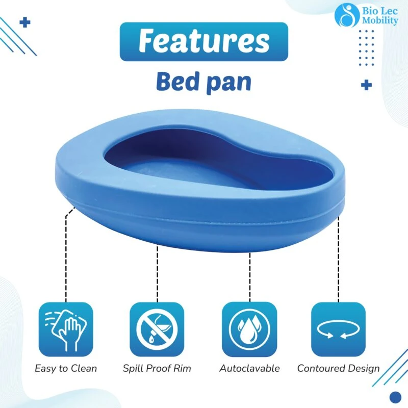 Blue bedpan with features labeled: easy to clean, spill proof rim, autoclavable, contoured design.