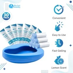 Blue bedpan with absorbent powder packets and liner rolls.