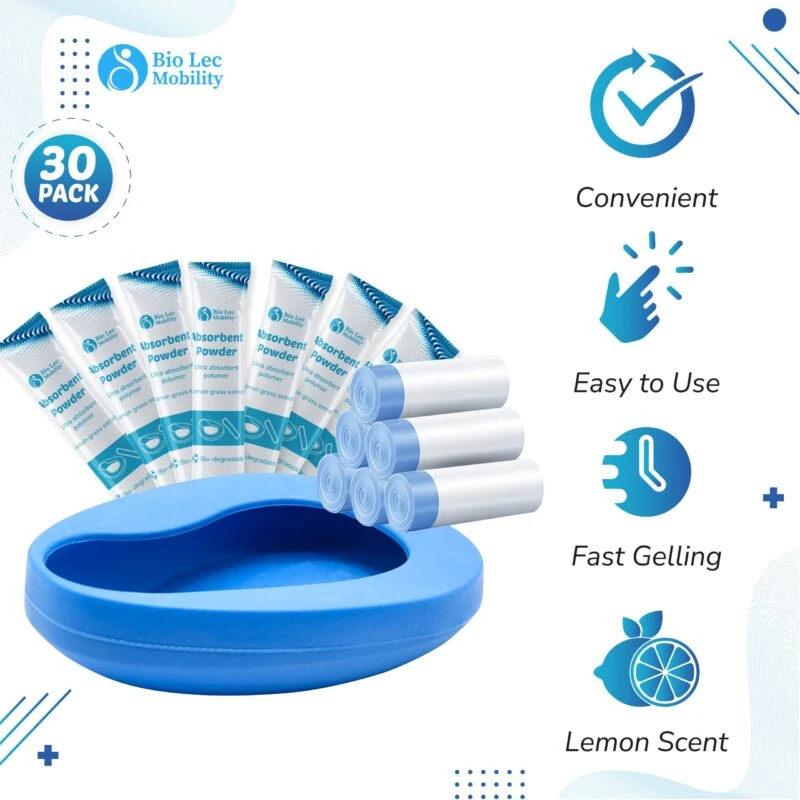 Blue bedpan with absorbent powder packets and liner rolls.