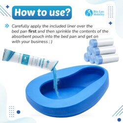 Blue bedpan with absorbent powder being poured, rolls of liners, and usage instructions.