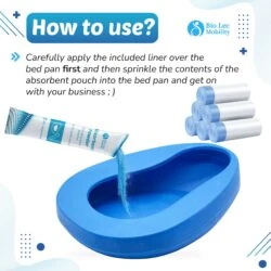Blue bedpan with absorbent powder being poured, rolls of liners, and usage instructions.