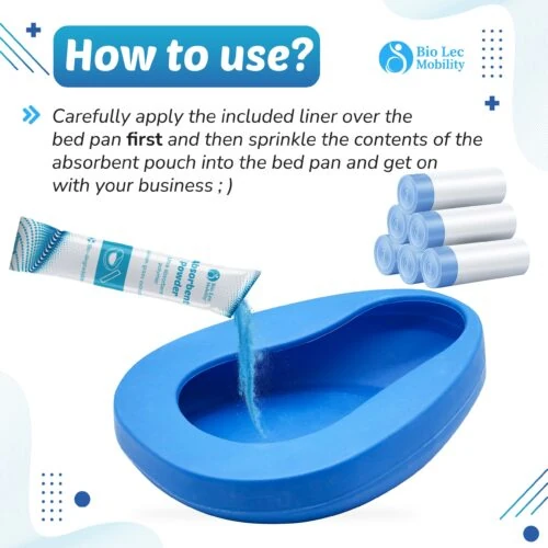 Blue bedpan with absorbent powder being poured, rolls of liners, and usage instructions.