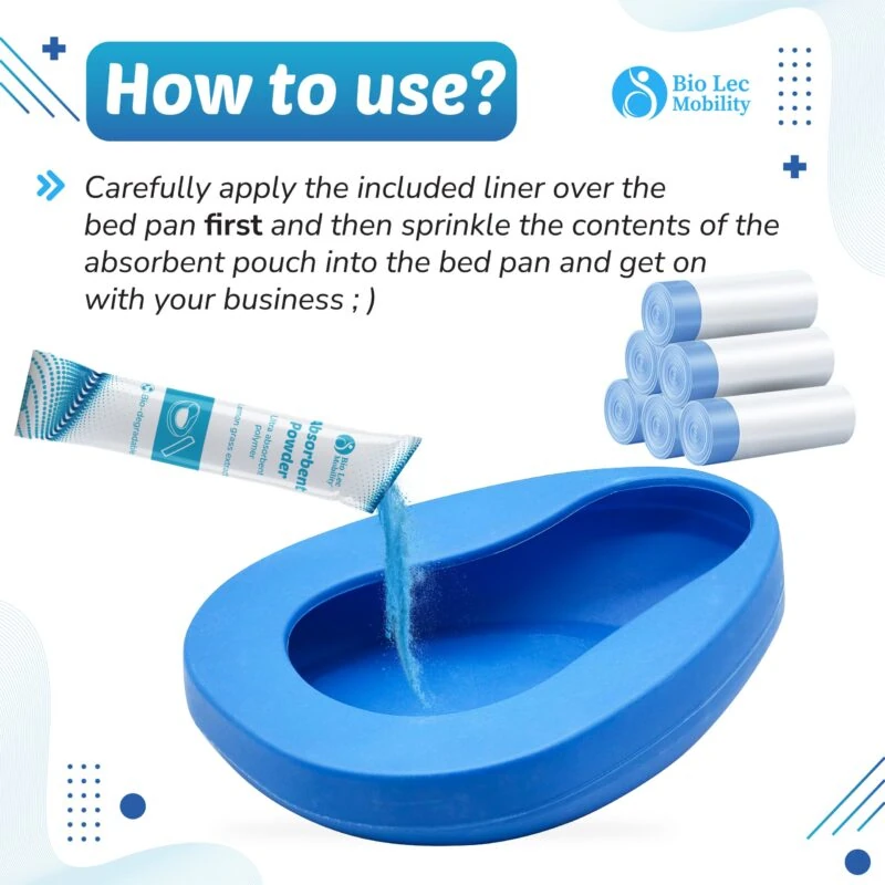 Blue bedpan with absorbent powder being poured, rolls of liners, and usage instructions.