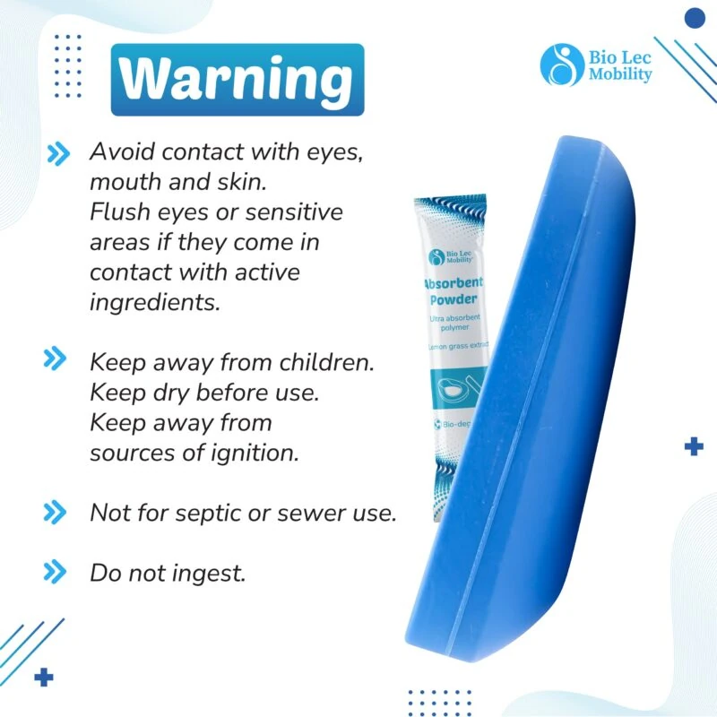 Warning text with blue bedpan and absorbent powder packaging.
