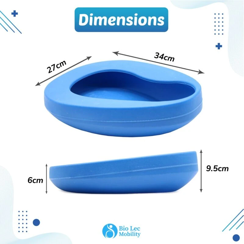 Blue bedpan with dimensions labeled 34cm by 27cm by 9.5cm.