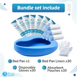 Bedpan bundle set with liners, absorbent pouches, and gloves.
