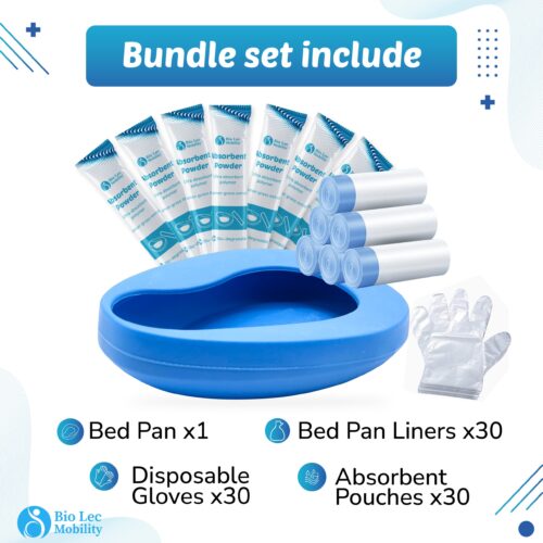 Bedpan bundle set with liners, absorbent pouches, and gloves.