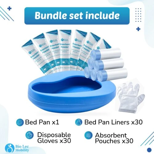 Bedpan bundle set with liners, absorbent pouches, and gloves.