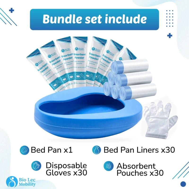 Bedpan bundle set with liners, absorbent pouches, and gloves.
