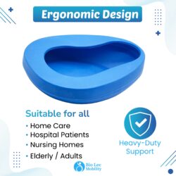 Blue ergonomic bedpan with text highlighting suitability for various uses.