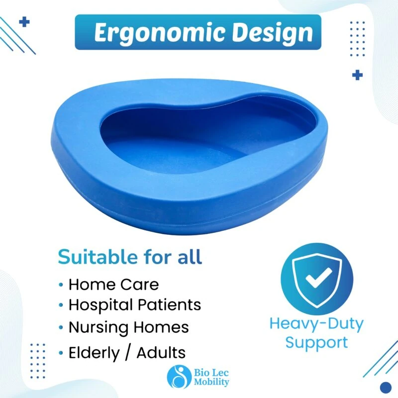 Blue ergonomic bedpan with text highlighting suitability for various uses.