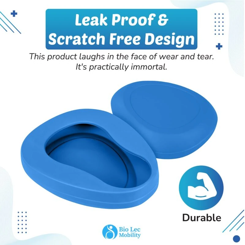 Blue bedpan with lid, labeled leak proof and scratch free.