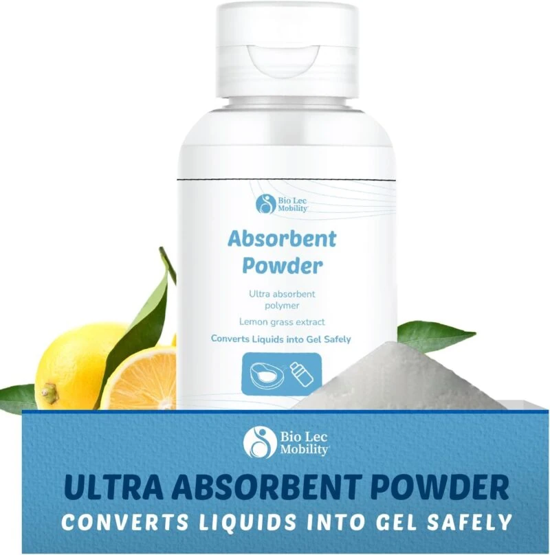 Bio Lec Mobility Absorbent Powder bottle with lemons and powder.