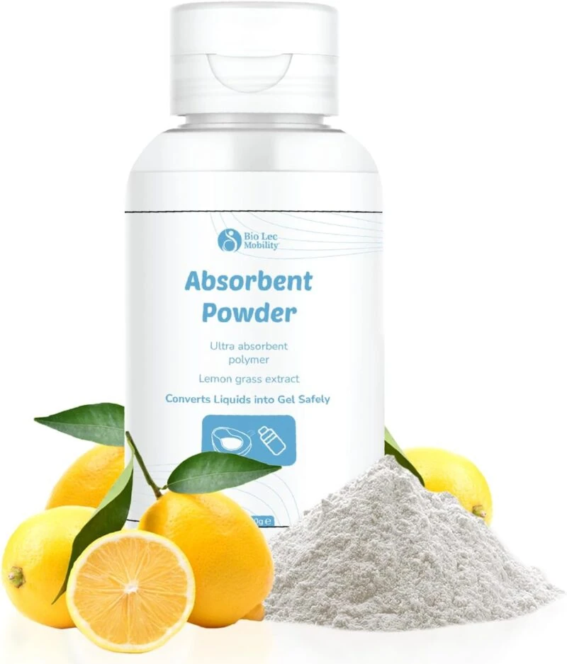 Absorbent powder bottle with lemons and powder pile.
