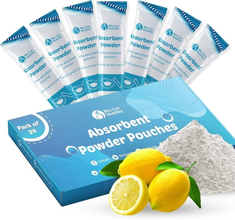 Box of Absorbent Powder Pouches with sachets and lemons.
