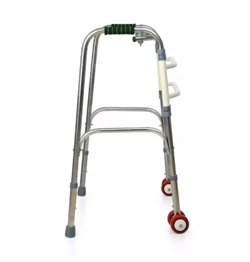 Aluminium walker with wheels, foldable and height adjustable.