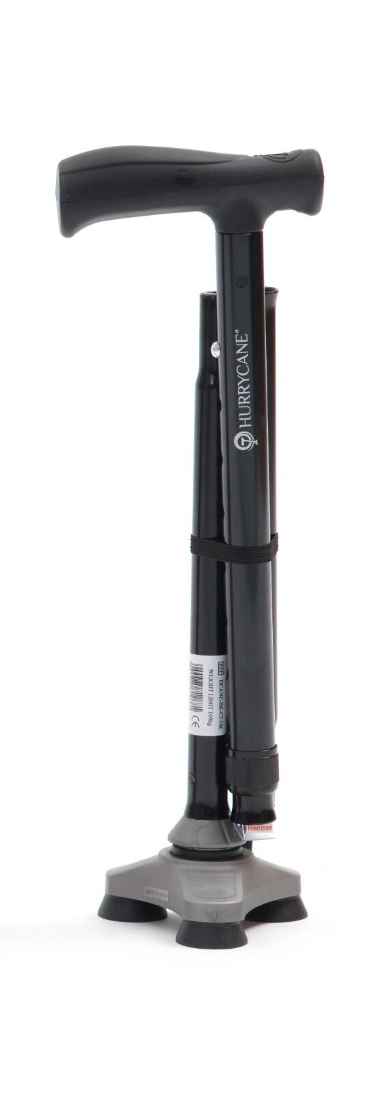 Folded black walking stick with a three-point base.