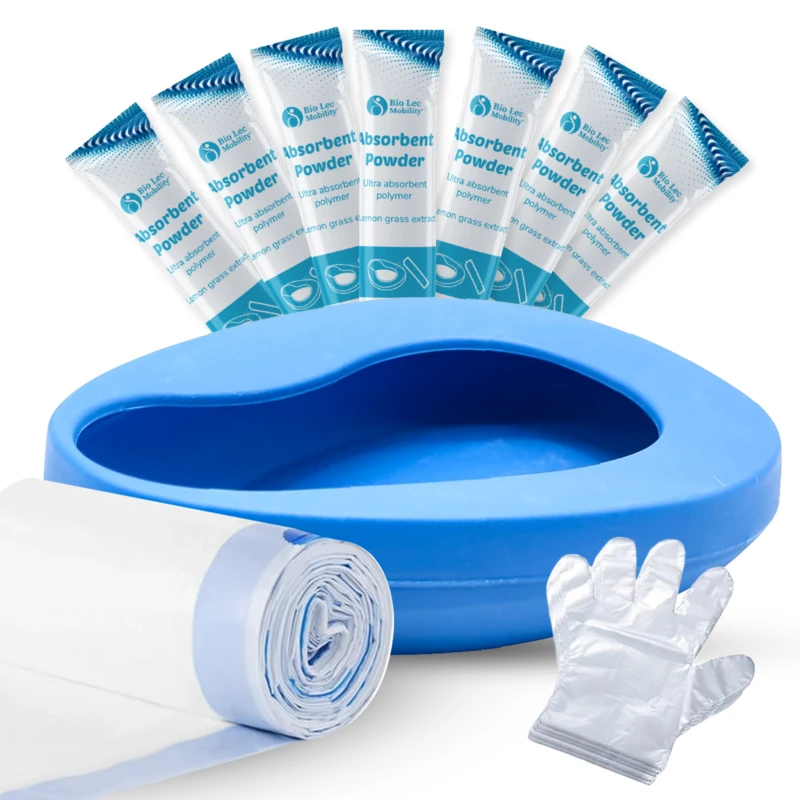 Blue bedpan with liners, gloves, and absorbent powder packets.