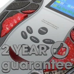 Close-up of a foot circulation machine with buttons and digital display.