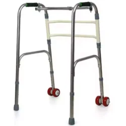 Aluminium zimmer frame with red wheels and adjustable height.