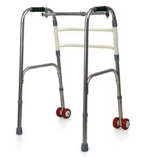 Aluminium zimmer frame with red wheels and adjustable height.