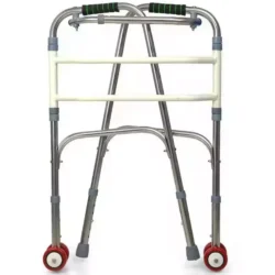Foldable zimmer frame with wheels and adjustable height.