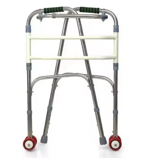 Foldable zimmer frame with wheels and adjustable height.