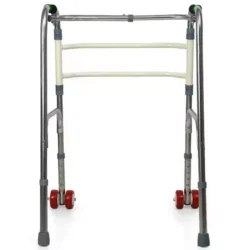 Front view of a lightweight foldable walker with red wheels.