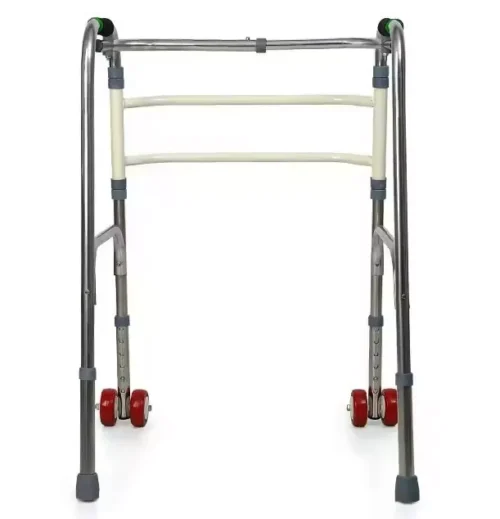 Front view of a lightweight foldable walker with red wheels.