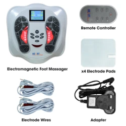Foot circulation machine with remote, electrode pads, wires, and adapter.