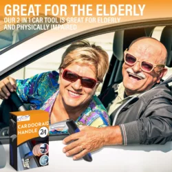Elderly couple using a car door aid handle with packaging shown.
