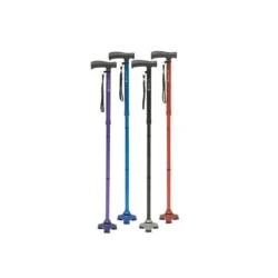 Four all terrain walking sticks in purple, blue, black, and red.