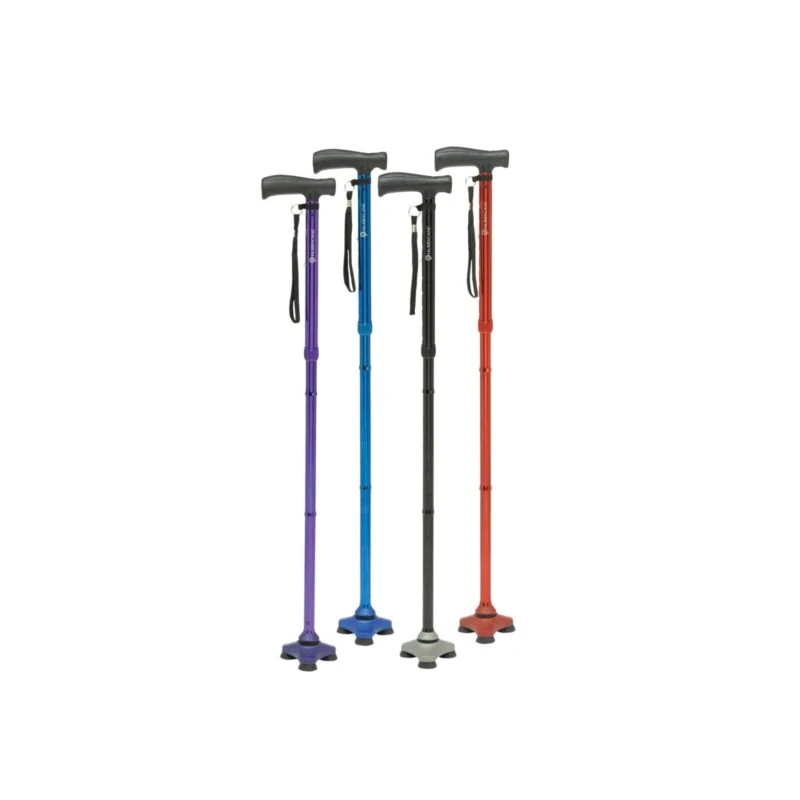 Four all terrain walking sticks in purple, blue, black, and red.