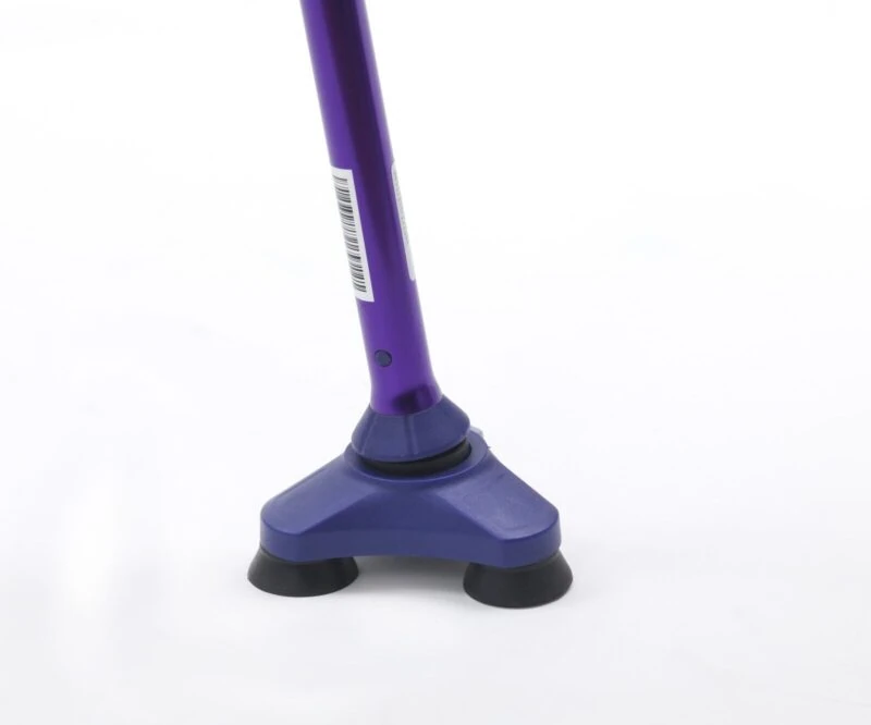 Purple walking stick with a three-point base on a white background.