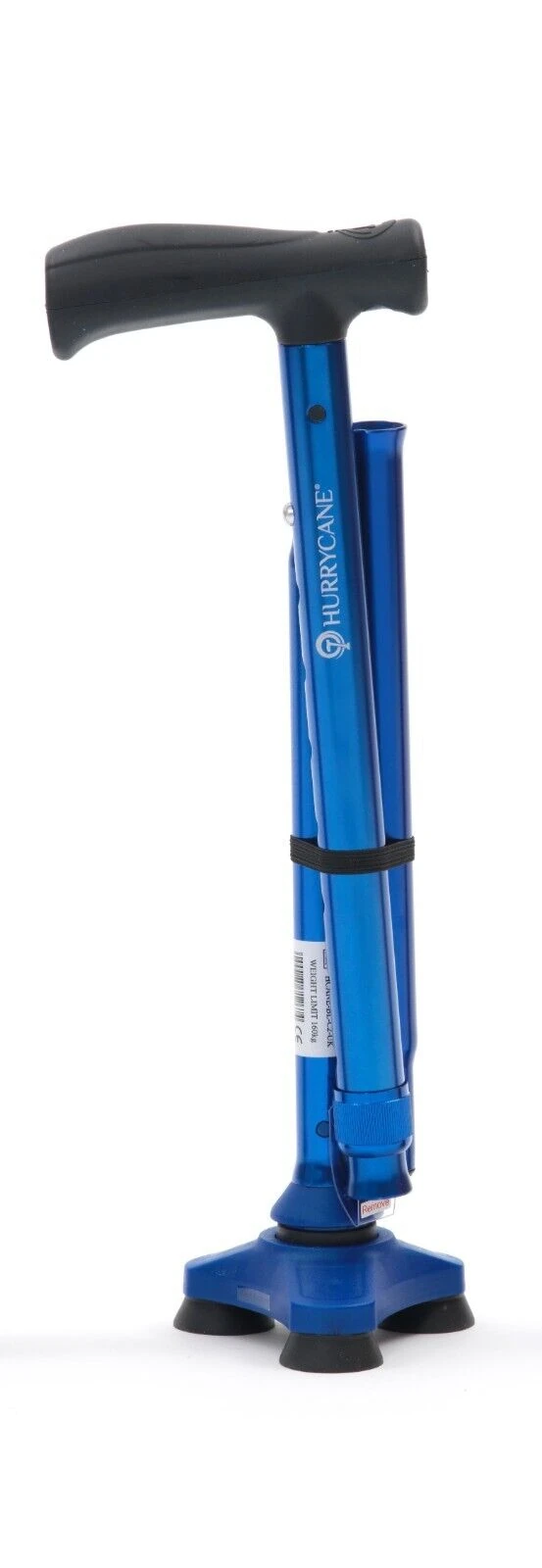 Blue folding walking stick with a 360-degree pivoting base.