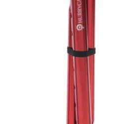 Red folding walking stick with a black handle and pivoting base.
