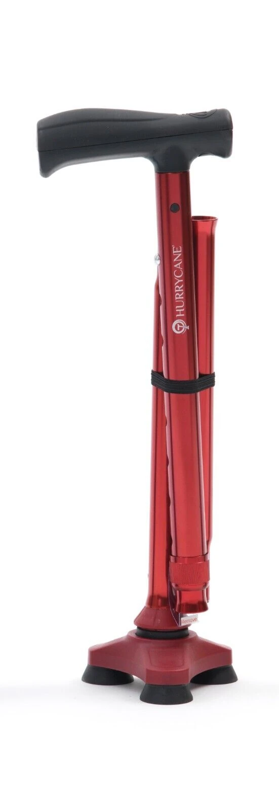 Red folding walking stick with a black handle and pivoting base.