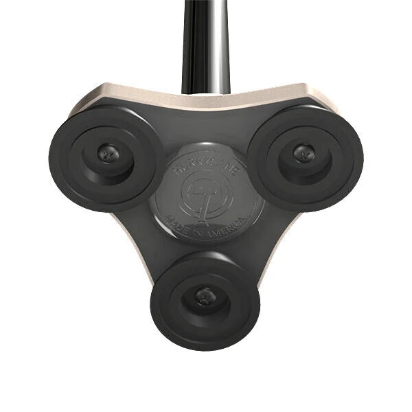 Three-point base of a walking stick with a pivoting head.